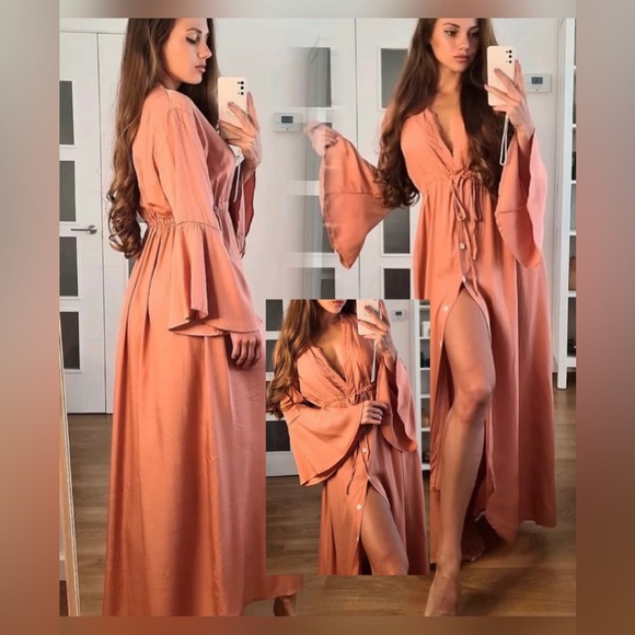 Lena Vie Coral Cotton Summer Maxi Dress Flowy Beach A Line Button Down Maxi - Picture 2 of 7